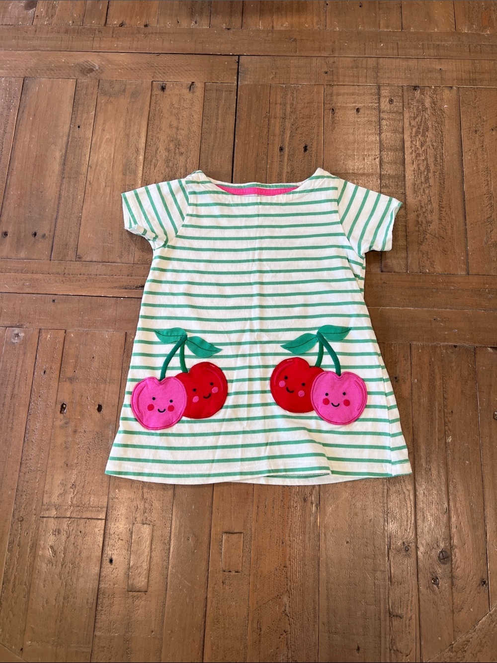 Mini Boden green stripe cherry pocket tunic dress 3-4 years